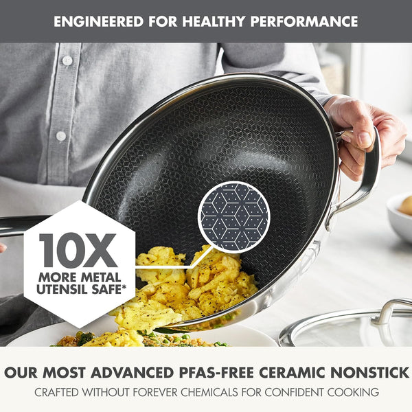 Spectra 12" Wok Pan with Lid, Hybrid Tri-Ply Stainless Steel, Pfas-Free Ceramic Nonstick Textured Cooking Surface, Induction Cookware, Diswasher Safe, Oven & Broiler Temp to 850˚F2