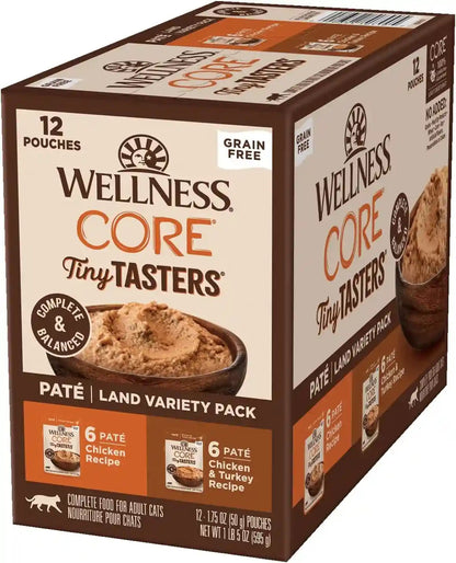 Wellness CORE Tiny Tasters Pate Variety Pack Adult Wet Cat Food, Natural, Protein Rich, Grain Free, Land Recipes, 1.75 Oz, Pack of 12 Pouches1