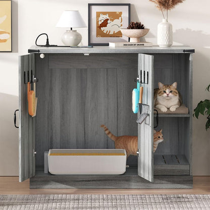 Extra Large Cat Litter Box Enclosure with Litter Collector, Hidden Litter Box Furniture Cabinet with Power Outlet & Storage Shelves, Cat House for Automatic Litter Boxes, Gray6
