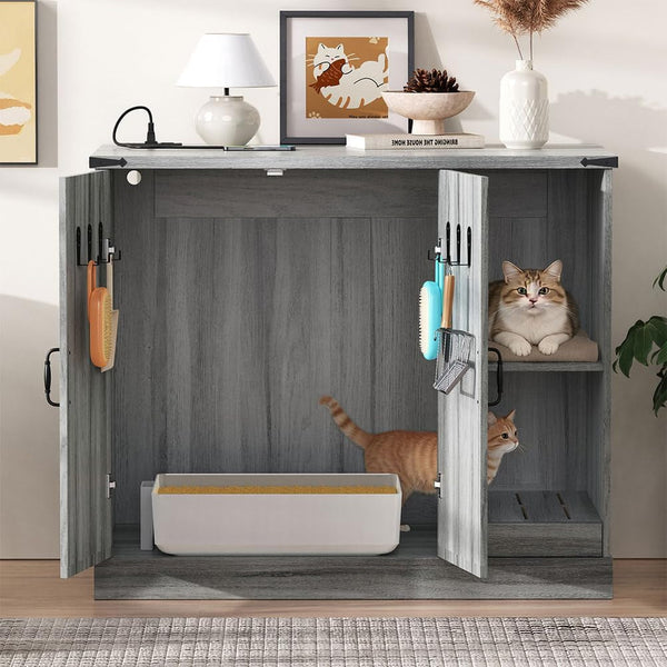 Extra Large Cat Litter Box Enclosure with Litter Collector, Hidden Litter Box Furniture Cabinet with Power Outlet & Storage Shelves, Cat House for Automatic Litter Boxes, Gray6