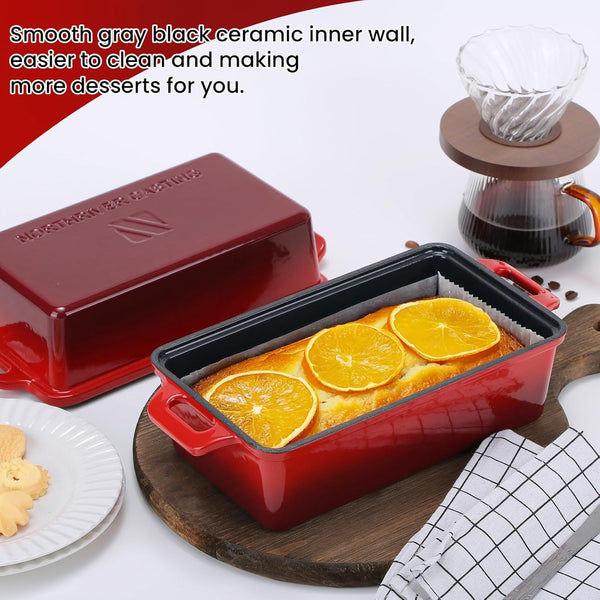 9X5 Inch Enameled Cast Iron Bread Loaf Pan with Lid, Perfect Sourdough Baking Pans | Even Heat Distribution for Homemade Bread, Cake, Meatloaf，2 Piece Set，Red7