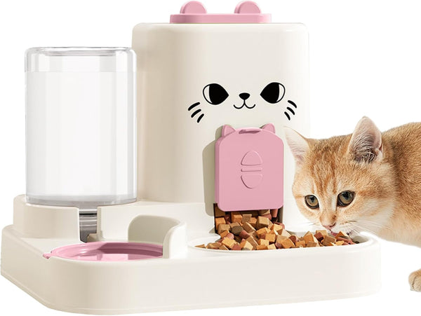 1.6L Auto Gravity Pet Feeder and 0.6L Water Dispenser Set, Automatic Cat Food and Water Dispenser, Gravity Pet Feeder for Small Medium Dog Puppy Cat Kitten (Pink)1