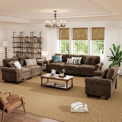 Modular Sectional Sofa Set Living Room 3-Piece Extra Deep Seats | Mid-Century Modern 6-Seater Cloud Couch Set, Grayish Brown, Rolled Arms & Nailhead Trim, Wider Seats, Chenille Furniture Set1