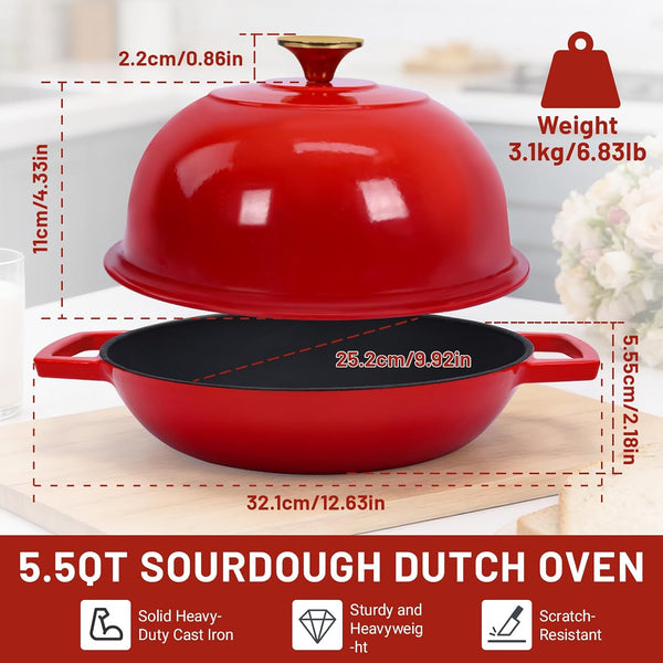 Cast Iron Bread Oven, Enameled Dutch Oven for Baking Sourdough Bread with Dome Lid & Complete Accessory Kit for Bread, 5QT (Red)4