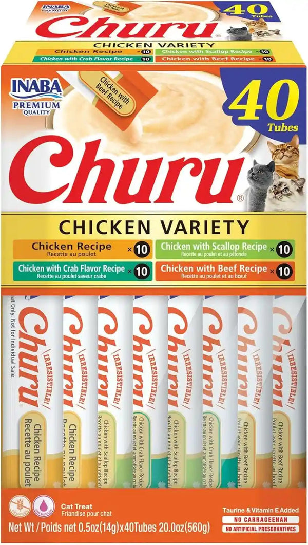 INABA Churu Cat Treats, Lickable, Squeezable Creamy Purée Cat Treat with Green Tea Extract & Taurine, 0.5 Ounces Each Tube, 40 Tubes, Tuna Variety Box24
