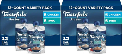 Blue Buffalo Tastefuls Purées Variety Pack Wet Cat Food Complement (Chicken & Tuna) Made with Natural Ingredients, for All Life Stages, 3-Oz. Resealable Pouches (12 Count)11