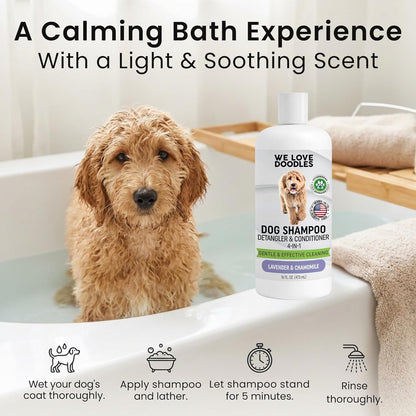 Dog Shampoo, Conditioner & Detangler, Hypoallergenic Tearless Lavender 16OZ | for Sensitive Itchy Skin, Best Shampoo for Smelly Dogs, Goldendoodle, Poodle & Doodle, Puppy Pet Wash Soap, USA Made, 4-In-15