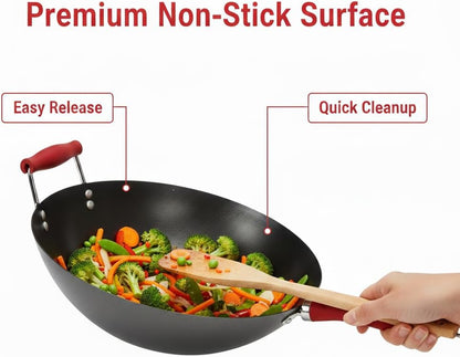 14 Inch Red Wok with Flat Bottom, Carbon Steel Stir Fry Pan with Wooden Handle, Deep Cooking Wok for Gas, Electric & Induction Stovetops5