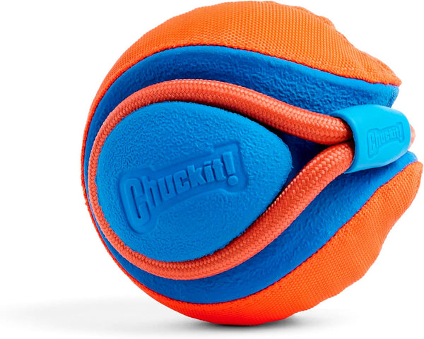 Chuckit! Rope Fetch Dog Toy - Ball on Rope Fetch and Tug-Of-War Toy for Dogs - Durable EVA Rubber Construction - 5.5-Inch Diameter - 18-Inch Rοpe - Orange and Blue5