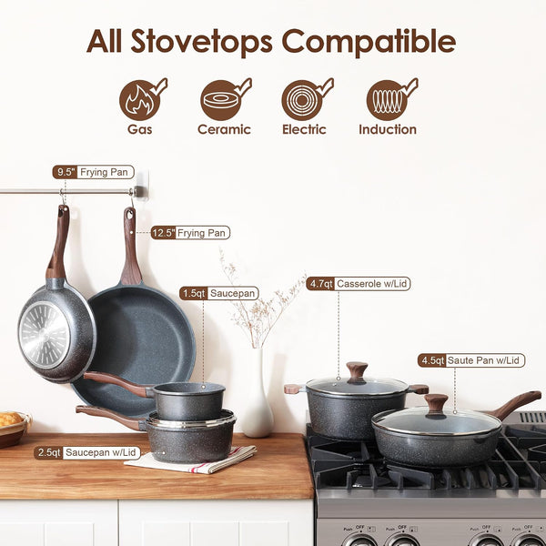 16Pcs Pots and Pans Set Non Stick, Granite Cookware Set PFOA Free | Induction Compatible, Even & Fast Heating, Easy to Clean, Durable, Healthy Kitchen Cooking Set Nonstick, Stay-Cool Handles4