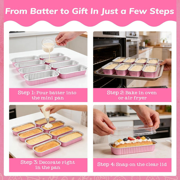 Mini Loaf Pans with Lids, 50 Pack Pink 6.8Oz for Party Favors | Fits Tartlets, Pudding Desserts, Loaf Slices and Sweet Samples; Single-Base Workflow Helps Limit Dish Handling.6