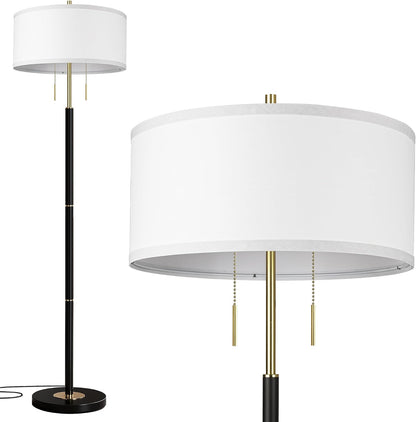 2-Light Mid Century Modern Floor Lamp, Standing Lamp with Fabric Shade and Pull Chain Switch, Tall Floor Lamp for Living Room, Bedroom,Office Corner (Black, 2X 3CCT Bulb Included)4