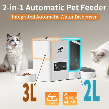 Automatic Cat Feeder 2-In-1 Cat Feeder and Gravity-Fed Water System | 3L Food Tank & 2L Water Tank for Supports 5G/2.4Ghz Dual-Band Wifi APP Remote Control | up to 10 Timed Feedings per Day2