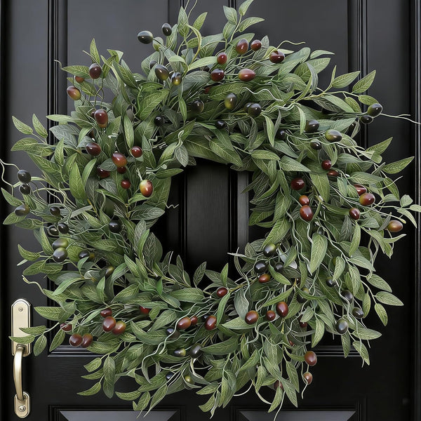 Olive Wreath 26 Inch Wreaths for Front Door with Purely Handmade Realistic Dense Olive Leaf Olive Berry, Elegant Home Decor Wreath Ideal for Front Door, Hallways, Any Area You Want to Brighten1