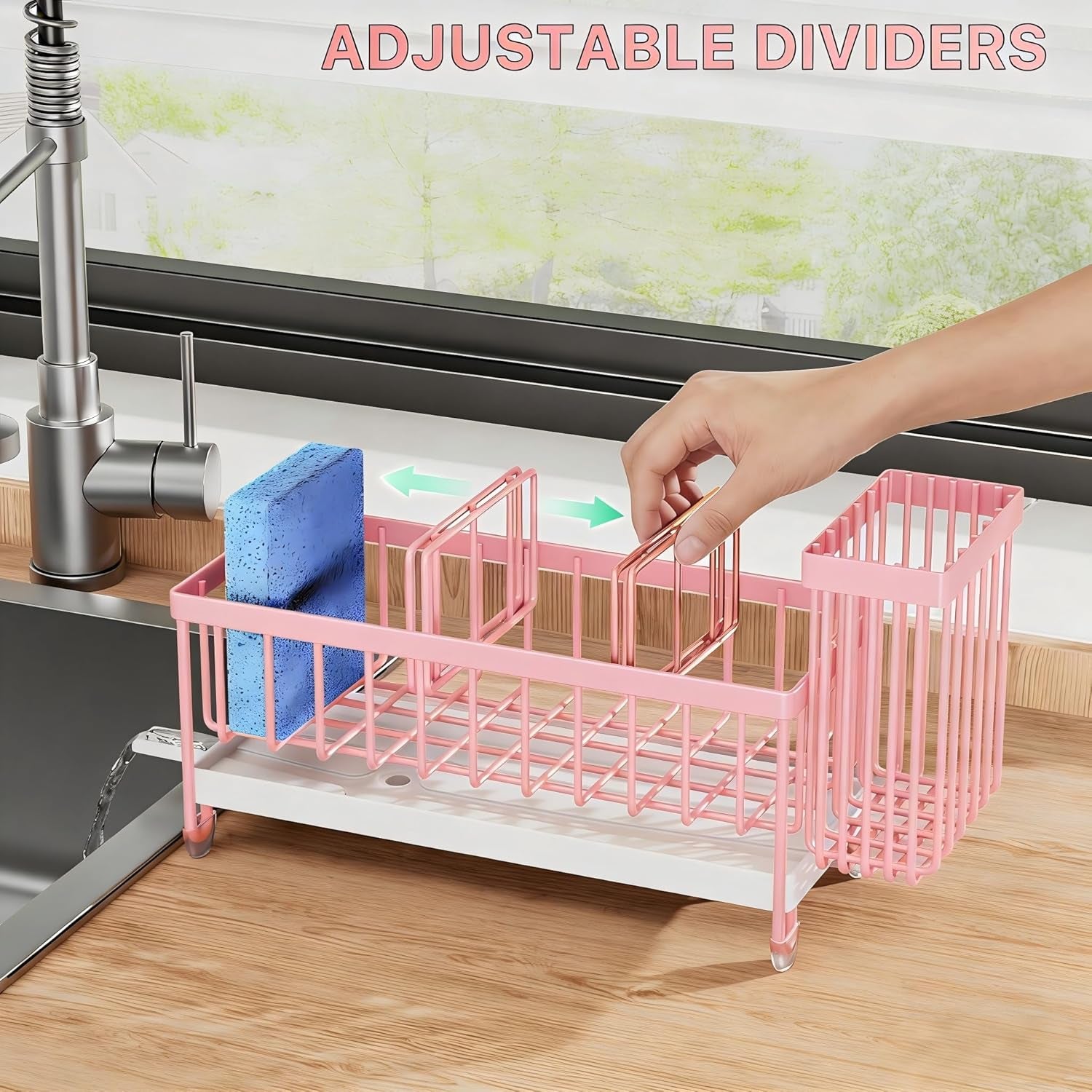 sponge-holder-for-kitchen-sink-sink-caddy-organizer-with-high-brush-holder-kitchen-countertop-organizers-and-storage-essentials-rustproof-304-stainless-steel-pink-9-25