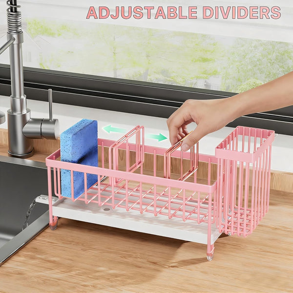 Sponge Holder for Kitchen Sink, Sink Caddy Organizer with High Brush Holder, Kitchen Countertop Organizers and Storage Essentials, Rustproof 304 Stainless Steel (Pink, 9.25″)4