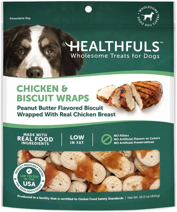 HEALTHFULS Chicken & Peanut Butter Healthy Dog Treats – High-Protein, Low-Fat, Biscuit Wraps with Real Peanut Butter – 16 Oz1