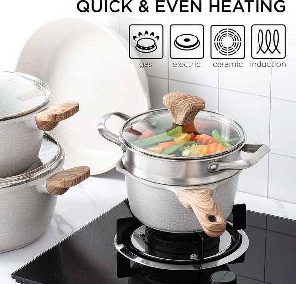 Non-Stick Cast Aluminum Cookware Set - Durable Kitchen Cookware for Everyday Cooking, Cream, 13 Pc.7