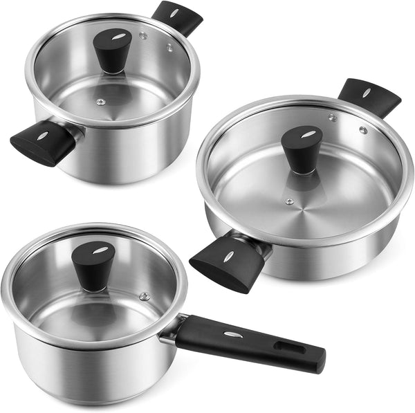 Stainless Steel Pots and Pans Set, 6-Piece Non Toxic Cookware Set with Glass Lids, Saucepan, Stockpot & Sauté Pan, Induction Compatible, Dishwasher Safe, Even Heating Kitchen Cooking Set1
