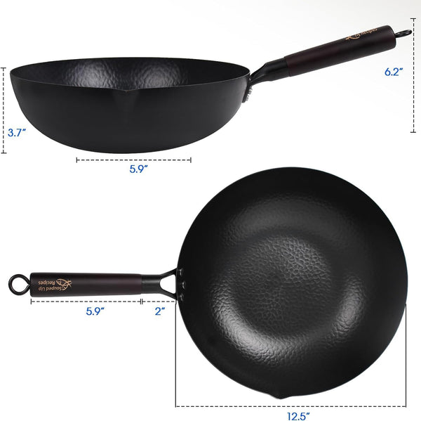 12.5 Inch Carbon Steel Wok for Electric, Induction and Gas Stoves (Lid, Spatula and User Guide Video Included)6