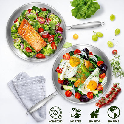 12 Inch Tri-Ply Stainless Steel Frying Pan, Compatible with All Cooktops up to 600℉, Large Frying Pan with Lids, Induction-Ready Skillet, Dishwasher and Oven Safe, Even Heat, 12" Skillet + Lid6