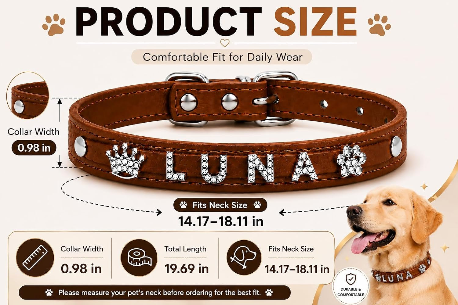 customized-dog-collar-and-leash-set-with-name-rhinestone-letter-pu-leather-collar-adjustable-bling-pet-collar-with-crown-paw-charms-for-dogs-brown