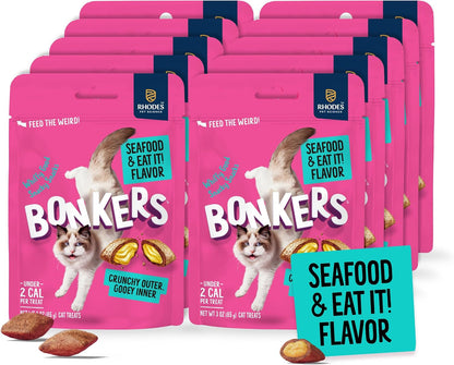 Bonkers Bites Seafood & Eat It Flavor Crunchy & Soft Treats for Cats, 3Oz Bag (Pack of 10)1