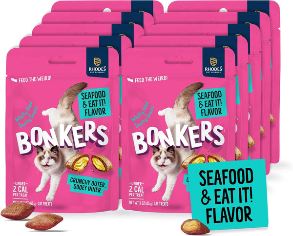 Bonkers Bites Seafood & Eat It Flavor Crunchy & Soft Treats for Cats, 3Oz Bag (Pack of 10)1