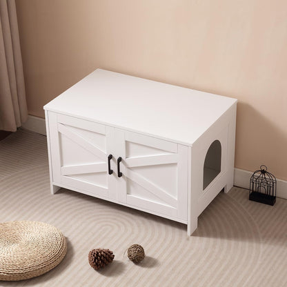 Cat Litter Box Enclosure with Barn Door Wooden Cat Washroom Furniture Litter Box Furniture Hidden End Side Table Pet House Multi Functional Double Cabinet Doors for Bedroom Living White9