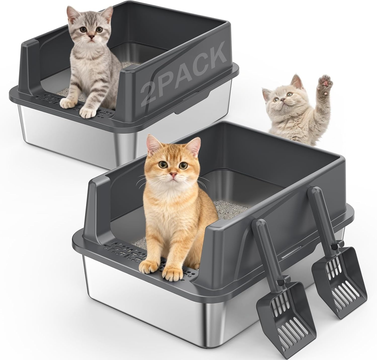 2pack-stainless-steel-litter-box-extra-large-litter-boxes-for-big-cats-xl-metal-cat-litter-box-with-lid-high-sides-anti-urine-leakage-non-sticky-scoop-included
