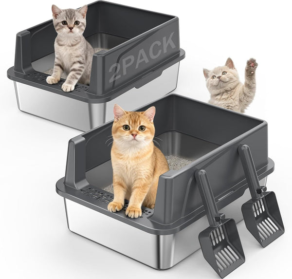 2PACK Stainless Steel Litter Box, Extra Large Litter Boxes for Big Cats, XL Metal Cat Litter Box with Lid High Sides, Anti-Urine Leakage, Non-Sticky, Scoop Included8