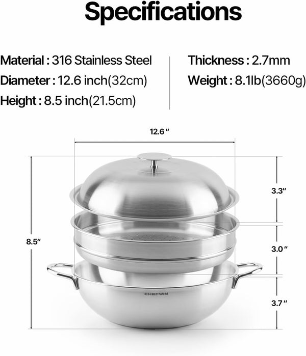 316 Stainless Steel Heavy Duty 12.6 Inch 6.3 Quart Wok Pan with Lid and Steamer, Stir Fry Pan, 5Ply, Induction Cookware, Dishwasher Safe, Oven Safe3