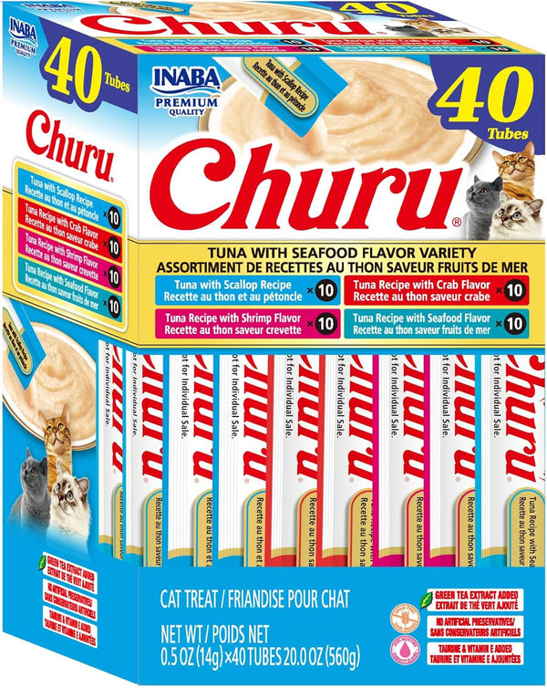 INABA Churu Cat Treats, Lickable, Squeezable Creamy Purée Cat Treat with Green Tea Extract & Taurine, 0.5 Ounces Each Tube, 20 Tubes, Tuna Variety10
