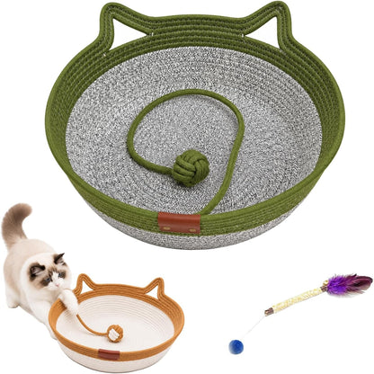 Handwoven Cat Basket Bed, Cotton Rope round Cat Scratcher Bed with Cats Ear Handles, Breathable Boho Nesting Pet Bed for Kittens and Indoor Cats (Color D,Small)11