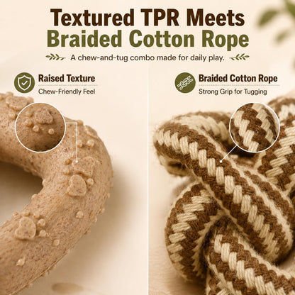 Small Dog Toy & Puppy Teething Toy - Solid Non-Toxic TPR Triangle Ring & Natural Cotton Rope, Lightweight 2.6 Oz Design for Indoor Play, Oral Care Habits & Boredom Relief (Sand Brown)3