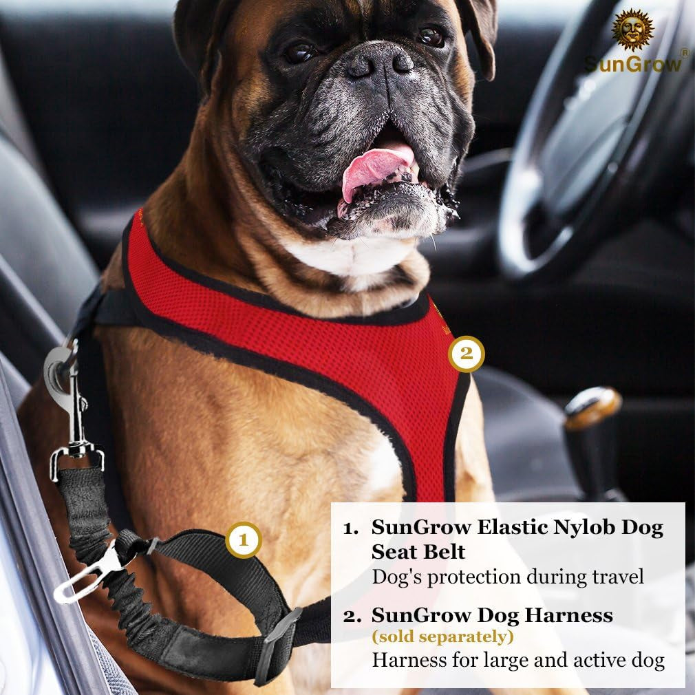 sungrow-elastic-nylon-dog-seat-belt-24-36-adjustable-black-harness-elastic-tether-with-metal-buckles-2-pcs-per-pack