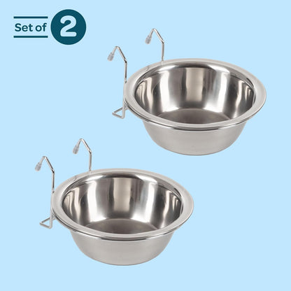 Set of 2 Stainless-Steel Dog Bowls - Cage, Kennel, and Crate Hanging Pet Bowls for Food and Water - 20Oz Each and Dishwasher Safe by Petmaker,Silver2