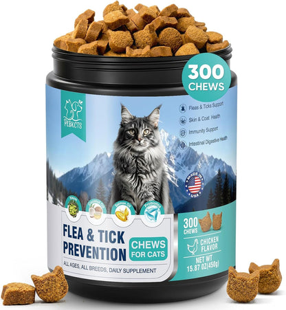 Flea Treatment for Cats-300 Treats Natural Flea and Tick Prevention for Cats Chewable, Itchy Skin &Biting Relief Immune &Gut Health Oral Flea Supplement for Kittens-All Cats Made in USA Chicken Flavor1