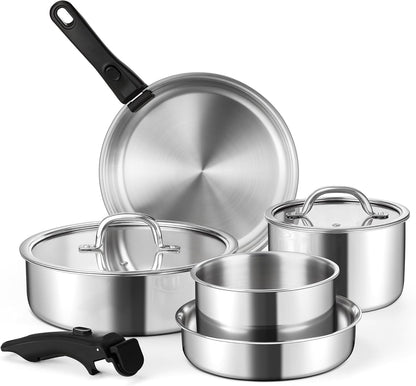 9Pcs Stainless Steel Cookware Set, 3-Ply Pots and Pans Set W/Detachable Handle & Lid, Induction Cookware Kitchen Cooking Set for RV Camping, Nontoxic Whole Clad Frying/Saute/Sauce Pan, Oven Safe1