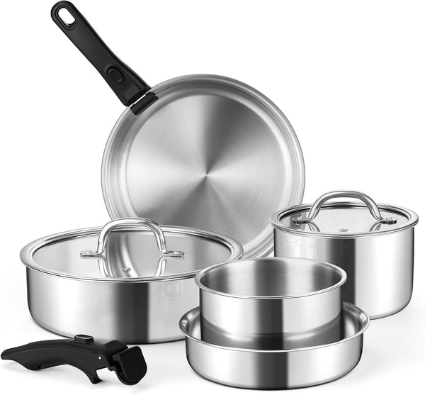 9Pcs Stainless Steel Cookware Set, 3-Ply Pots and Pans Set W/Detachable Handle & Lid, Induction Cookware Kitchen Cooking Set for RV Camping, Nontoxic Whole Clad Frying/Saute/Sauce Pan, Oven Safe1