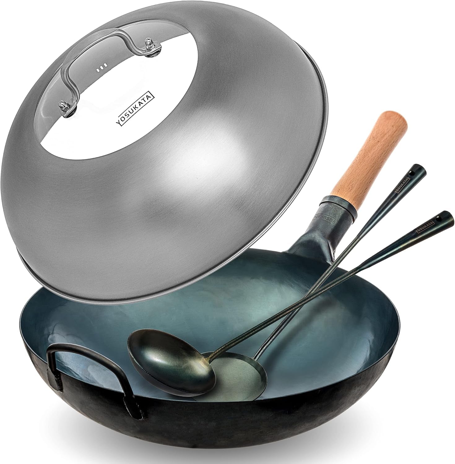 blue-round-bottom-wok-pan-14-wok-lid-13-6-inch-stainless-wok-cover-with-tempered-glass-insert-steam-holes-blue-carbon-steel-17-inch-wok-spatula-wok-ladle-3-pairs-of-chopsticks