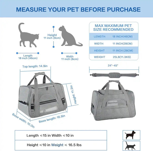 Fluffydream Pet Travel Carrier Soft Sided Portable Bag for Cats, Small Dogs, Kittens or Puppies, Collapsible, Durable, Airline Approved, Travel Friendly (Grey, 17.0" L X 10.0" W X 11.0" H) (Grey)3