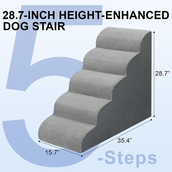 Dog Stairs for Bed 28.7”H, 5-Step Dog Ramp, Non-Slip Sturdy Pet Steps for Small Dogs & Cats to Get on High Bed or Couches, Grey2