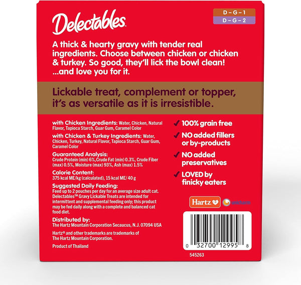 Delectables Lickable Treat Gravy Wet Cat Treat Variety Pack, Food Topper, Hydrating, Grain-Free, No Fillers, By-Products, Added Preservatives, 1.4Oz Pouch, 12Ct8