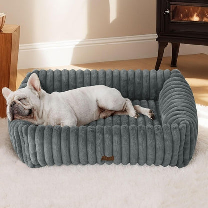 Bedsure Comfyfleece™ Cute Dog Bed for Small Medium Dogs Washable,25In Cream | Furry Puppy Beds,Square Rectangle Orthopedic Corduroy Aesthetic Pet Beds,Removable Zipper Cover,Non-Slip Bottom,Up to 15 Lbs23