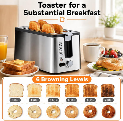 4 Slice Toaster, Long Slot Toaster with Countdown Timer, Bagel/Defrost/Reheat/Cancel Functions,Warming Rack, Removable Tray, 6 Browning Settings, Extra Wide Slots, Stainless Steel, 1300W3