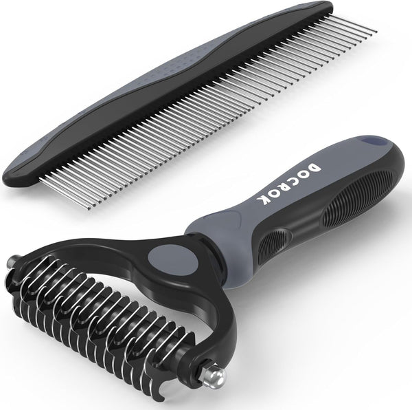 Docrok Pet Grooming Combo - Blue Deshedding Brush with Metal Comb for Detangling and Dematting Long, Matted Fur on Cats and Dogs9