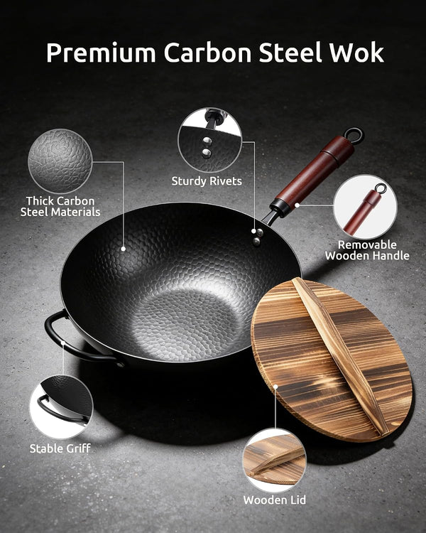 Wok Pan, Carbon Steel Wok, Woks & Stir-Fry Pans Nonstick, 13 Inch Wok Pan with Wooden Lid, Pre-Seasoned Carbon Steel Cookware, 5.8QT Flat Bottom Chinese Wok Pan, Compatible with All Cooktops5
