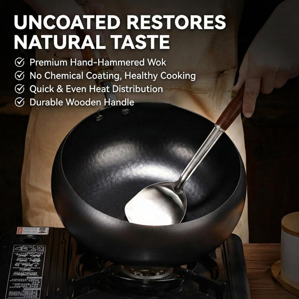 Japanese Cast Iron Wok Pan - Uncoated Healthy Cooking Pot with Lid, Hand Hammered Non Stick Frying Pans Made in Japan (Smooth Surface + Glass Lid,11'')5