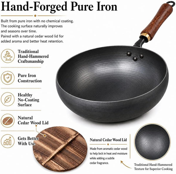 11 Inch Pure Hand-Forged Iron Pot with Hammered Texture | Hand-Forged Uncoated Iron Pot, Works on Gas, Induction, Electric and More; Great for Stir-Fry, Steak, Stews and Daily Meals.3